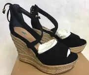 UGG Reagan Peep Toe Strappy Suede Jute Platform Espadrille Wedge 1016772 Black