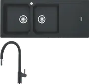 Franke Bali Double Bowl Sink with Right Hand Drainer and Verona Pull-Out Tap - Onyx