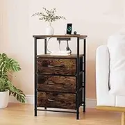 LOCADENCE Nightstand with Charging Station, 39 X 30 X 65 cm Bedside Table with Fabric Drawer, End Table with Open Shelf for Bedroom Living Room Sofa Couch
