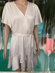 EBBY & I BNWT Shell Beige V Front Faux Wrap Ruffle Dress & Tie Belt-12