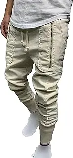 [Generic] Men's Skinny Cargo Pants Drawstring Joggers Work Pant Slim Fit Tapered Cargo Pant with Classic Multi Zipper Pockets