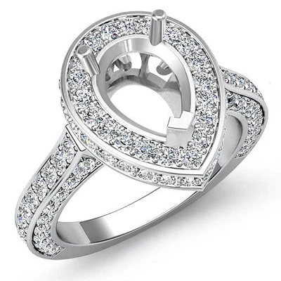 Diamond Engagement Filigree Ring Pear Semi Mount Halo Pave Set 14k W Gold 1.6Ctw