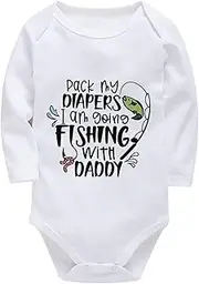 [WOOYONGING] Pack My Diapers I'm Going Fishing With Daddy Unisex Baby Outfits Long Sleeve Boys Neutral Outfit White Onesie for