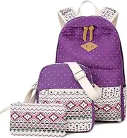 [goldwheat] Canvas Print Backpack Cute Teen Backpacks for Girls School Bag with Lunch Bag, Purple, Large, Girls School Bag Fashion Canvas Backpack 3 Set for Girls