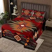 Western Bedspread Queen Size,Red Black Cowboy Cowgirl Bedding Set for Boys Girls,Kids Adult Aztec Native Tribal Comforter Set Retro Geometric Arrow Striped Bohemian Quilt Coverlet,2 Pillowcases