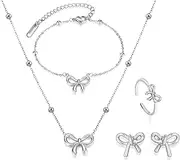 [Frodete] Bow Necklace Earring Ring Set for Women Bow Choker Necklace Gold Jewelry Set Open Stackable Ring Coquette Stud Earrings Bridal Wedding Jewelry