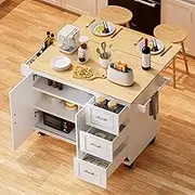 HiDSLiving Kitchen Island 54" Large Rolling Kitchen Island Cart On Wheels with Drop Leaf 3 Drawers 1 Cabinet,Spice Towl Rack Mobile Kitchen Table with Storage, White