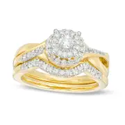 0.50 CT. T.W. Natural Diamond Double Frame Twist Bridal Engagement Ring Set in Solid 10K Yellow Gold