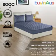 SOGA 153cm Blue Cross Hatch Quilted Mattress Sheet Bed Sheet W/ 2Pc Pillow Cover