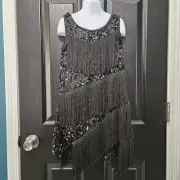 Weissman NWOT child medium semi custom black fring sequin dance costume jazz tap
