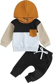 [Ynibbim] 0-3T Toddler Boys 2PCS Sweatshirt Patchwork Hoodie Fall Outfits Long Sleeve Contrast Color Tops Drawstring Pants Sets
