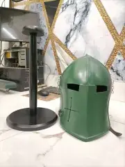 Medieval Barbuda Green Helmet with Stand Knight Collectible Armor Costume Helmet
