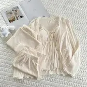 Pajama Set: Long-Sleeve Plain Button Top + Padded Camisole + Pants + Shorts 17423 - Set Of 4 - Top & Padded Camisole & Pants & Shorts - Plain - Almond - M