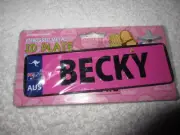 Embossed Metal "BECKY" Pink ID Plate For Bike Door Locker Scooter, Kids Girls