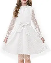 [Rolanko] Girl's Puff Long Sleeve Dress, High Waist with Belt A Line Ruffled Collar Contrast Mesh Princess Party Tulle Dresses