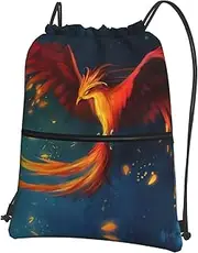 EdWal Orange Red Phoenix Print Drawstring Backpack Gym Bags Sports Bags With Zipper Pocket For Travel Swimming Beach, Black, One Size