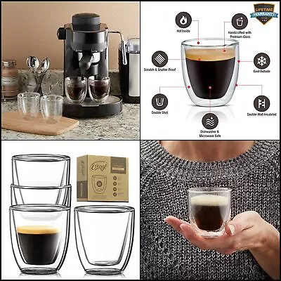 Glass Espresso Cups Set of 4-Double Walled Espresso Cups 2.6 Italian Style Clear