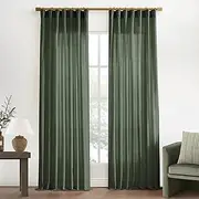 XTMYI Olive Green Linen Boho Curtains for Living Room 84 Inch Length 2 Panels Set,Back Tab Hooks Long Window Treatments Curtain Drapes,Light Filtering Semi Sheer for Bedroom Aesthetic Neutral Decor