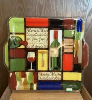 Peggy Karr Fused Glass “VINO” Wine 15.75” Square Serving Platter + Handles Knobs