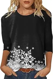 [Generic] Womens Daily Christmas Print O Neck Tops Three Quarter Sleeve Round Neck Tee Shirt Printed Flower Loose Side Split Blouse Tunic Womens Long Sleeve Button Down Shirt (d-Black, XL)