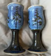 David Karakatsoulis Wine Goblet Glass Set Of 2 Blue Pine Tree Minnesota Pottery