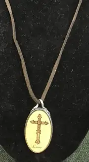 ROMAN INC. Love Silver Tone Cross Pendant Brown Thin Leather Cord 18” Necklace