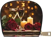 [JEJEA] Red Rose and Wine Romantic Lovers Print Credit Card Holder Wallet, Small Card Holder Wallet with Zipper,Leather Card Holder, White, One Size