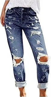 tuduoms Women Ripped Mid Rise Jeans Frayed Hem Denim Stretchy Skinny Jeans Fashion Boyfriend Distressed Ribbed Jegging Jeans