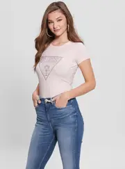 GUESS Women's Eco Pink Crystal Logo T-Shirt Size: Large, Spandex