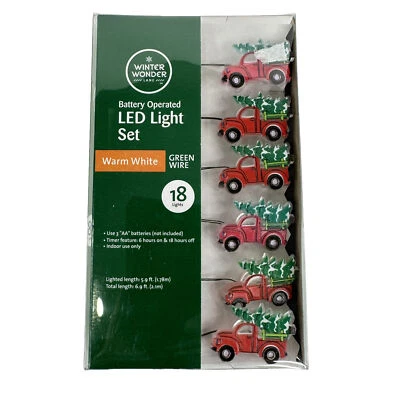 Red Pick Up Truck w Christmas Tree 18 Mini LED String Light Set Battery Operated