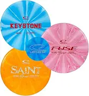 Latitude 64 Retro Burst Beginner Disc Golf Set (3-Pack) - Perfect Frisbee Golf Discs Starter Set for New Players | Includes Keystone, Fuse, Saint + Mini | Grippy Base Plastic | Colors May Vary