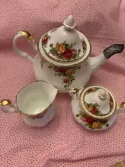 Royal Albert Old Country Roses 3-Piece (Teapot, Sugar & Creamer) Tea Set, NEW