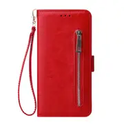 For Samsung A10 Solid Pu Leather Zipper Wallet Double Buckle Protective Case With Stand and Lanyard Red