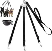 3 Way Dog Leash + a Collapsible Travel Bowl, Nylon Adjustable Coupler No Tangle Detachable 3 in 1 Multiple Dog Pet Cat Puppy Leash with Soft Padded Handle (Black)