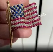 USA Flag Brooch Pin Jewelry Burmese Syn Ruby , Sapphire Women's Real In 925 SS