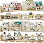 34Inch Nursery Bookshelves,Set of 4,Wall Floating Shelf Kids Coat Rack with 6Hooks,Hanging Book Shelf for Baby Nursery Room Décor， Patent Number: 29958098(Burlywood, 34)