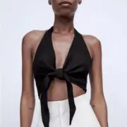 Zara Black Linen Halter Tie Front Crop Top. Sz M. NWT!
