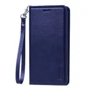 For Apple iPhone 13 Pro Hanman Leather Wallet Case Flip Card Holder Slots Magnetic Shockproof Cover (Navy Blue)