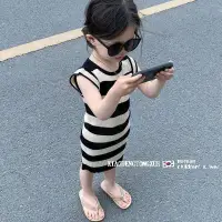 在飛比找蝦皮購物優惠-韓國童裝女童緊身洋裝兒童冰絲針織吊帶裙女寶寶緊身條紋背心裙