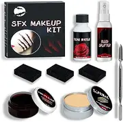 Halloween SFX Makeup Kit,Scars Wax,Fake Blood Gel,Fake Blood Spray,Spatula, Stipple Sponge,Scar Water,Create Fake Wound Special Effects Makeup Kit,Make Specail Effects For Halloween Festival & Party