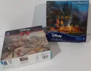 Lot of 2 Thomas Kinkade Micky, Minni Pluto puzzles w/ posters Christmas Campfire