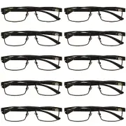 10 Packs Mens Rectangle Metal Frame Reading Glasses Black Spring Hinge Readers
