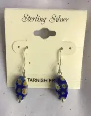Sterling Silver And Royal Blue Floral Millefiori Oblong Earrings-NWT