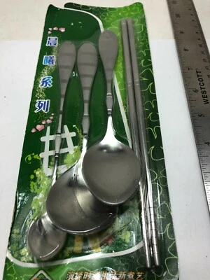 2 sets of Oriental Style 1 pair of Stainless Chopsticks and 3 stainless spoons