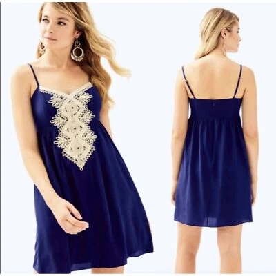 Lilly Pulitzer Women's Kelsea Silk Dress 12 Navy Gold Embroidery Preppy New