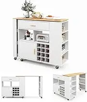 Giantex Kitchen Island Cart Bar Table Combo, 2-in-1 Reversible Mobile Serving Cart, Rubber Wood Top, Adjustable Shelf, 12-Bottle Wine Rack, Drawer, Spice Rack, Island Trolley Storage Cart, White