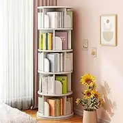 lehom 5 Tier Rotating Bookshelf, 360° Round Spinning Bookcase, Floor Standing Revolving Book Shelf Tower, 160cm Tall Circle Swivel Bookcase for Small Space, Bedroom, Study Room, White