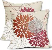 Orange Burgundy Red Pillow Covers 18x18 Dahlia Flower White Gray Elegant Colored Throw Pillows Farmhouse Outdoor Decor for Home Living Room Sofa Bed Modern Floral Linen Square Cushion Case, Set of 2