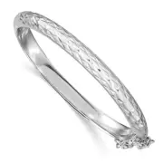Sterling Silver Rhodium Plated Diamond Cut w/ Safety Hinged Kid's Bangle 5"