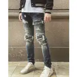 👑 【FORTUND LUXURY】AMIRII JEANS 藍色配撕裂黑色皮革貼片青春-高品質男士牛仔褲 L1